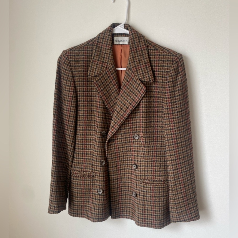 Vintage houndstooth brown tan double breasted blazer
